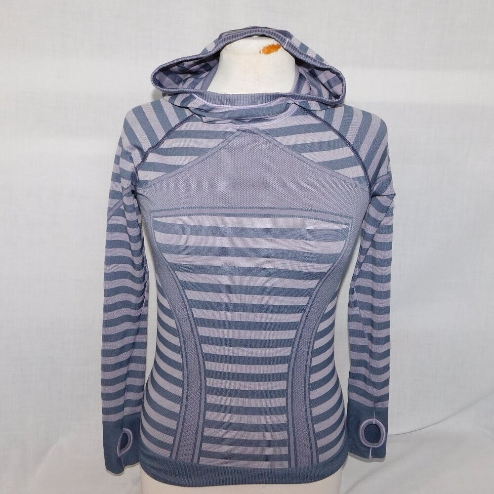 Ivivva Striped Hooded Swiftly Fly Tech Long Sleeve Pullover Shirt Youth Girls 12